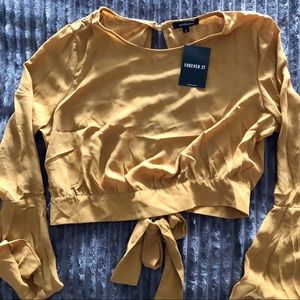 F21 Mustard Crop Top with Flare Sleeves Open Back